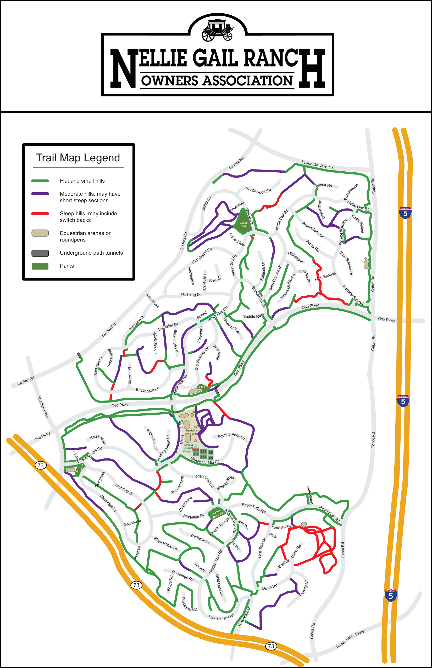 Nellie Gail Ranch trail map showing neighborhood streets, equestrian trails, parks, equestrian facilities, trail tunnels, I-5, SR-73, Oso Parkway and surrounding roads.