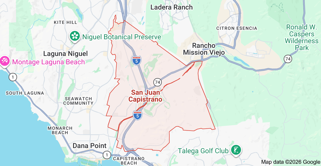 Orientation map showing San Juan Capistrano within South Orange County, California