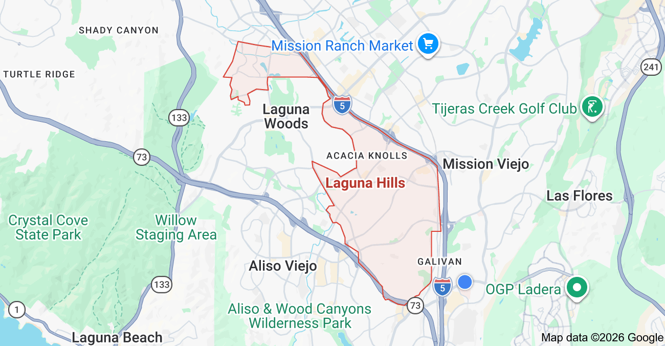 Orientation map showing Laguna Hills within South Orange County, California