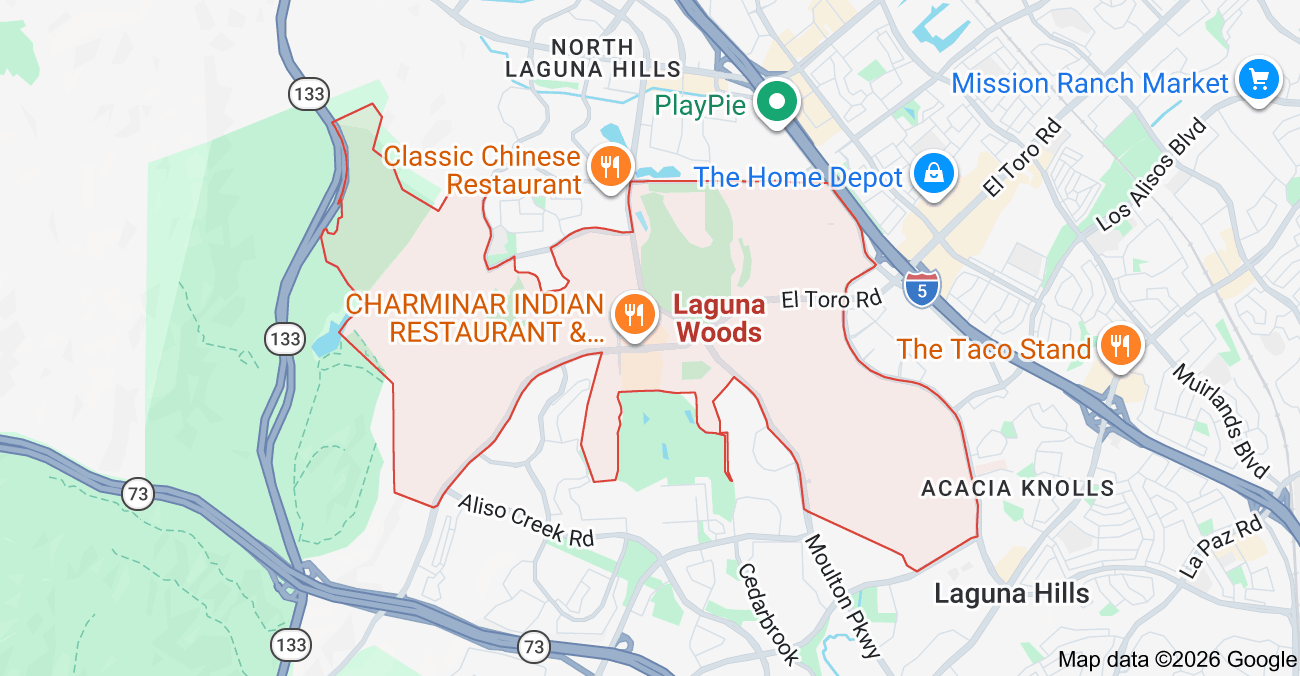 Orientation map showing Laguna Woods within South Orange County, California