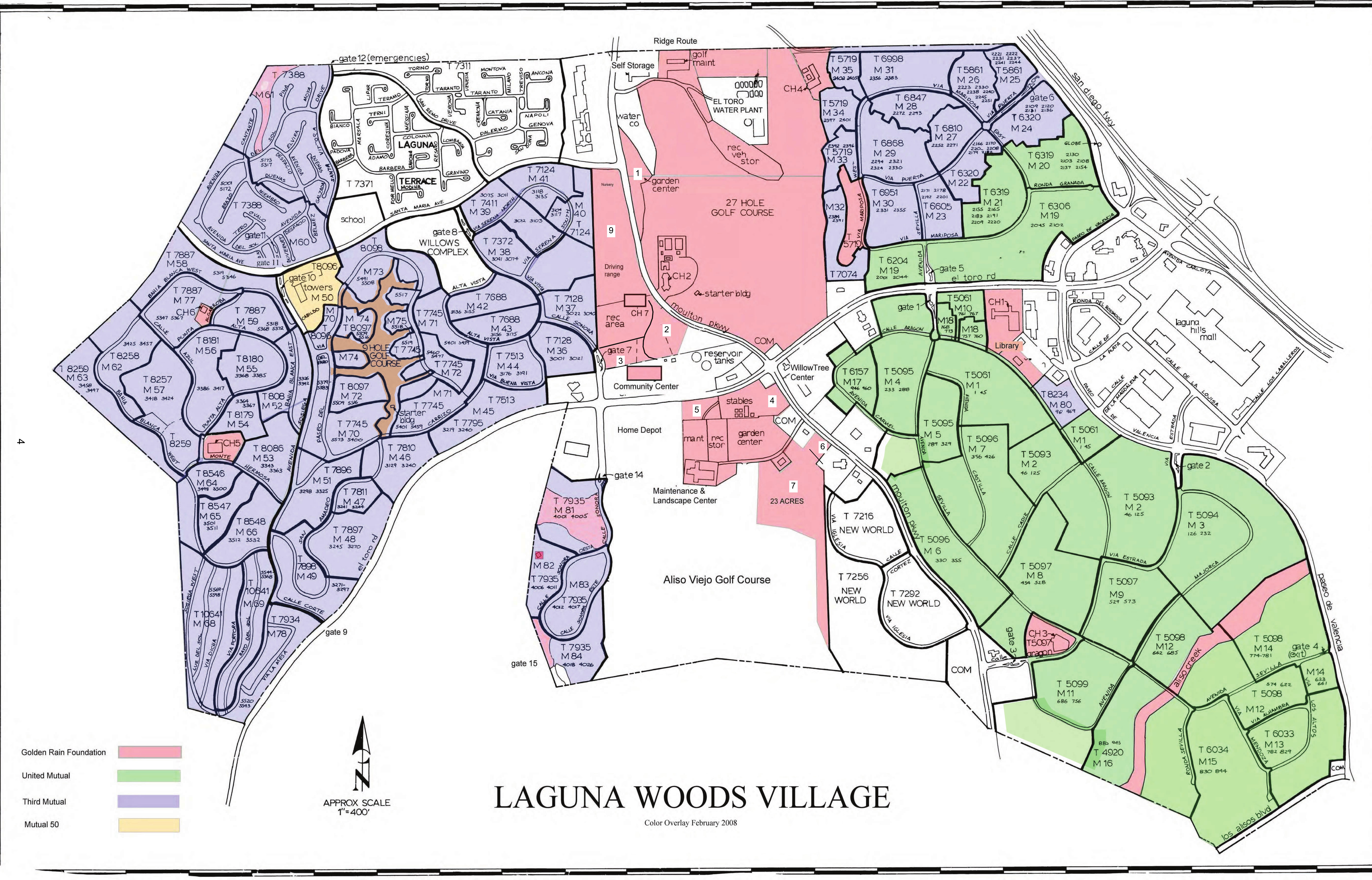 Map of Laguna Woods Village showing manor and building numbers, internal roads, numbered gates, clubhouses, pools, the 27 hole and 9 hole golf courses, and a color overlay separating Golden Rain Foundation property, United Mutual, Third Mutual and Mutual 50