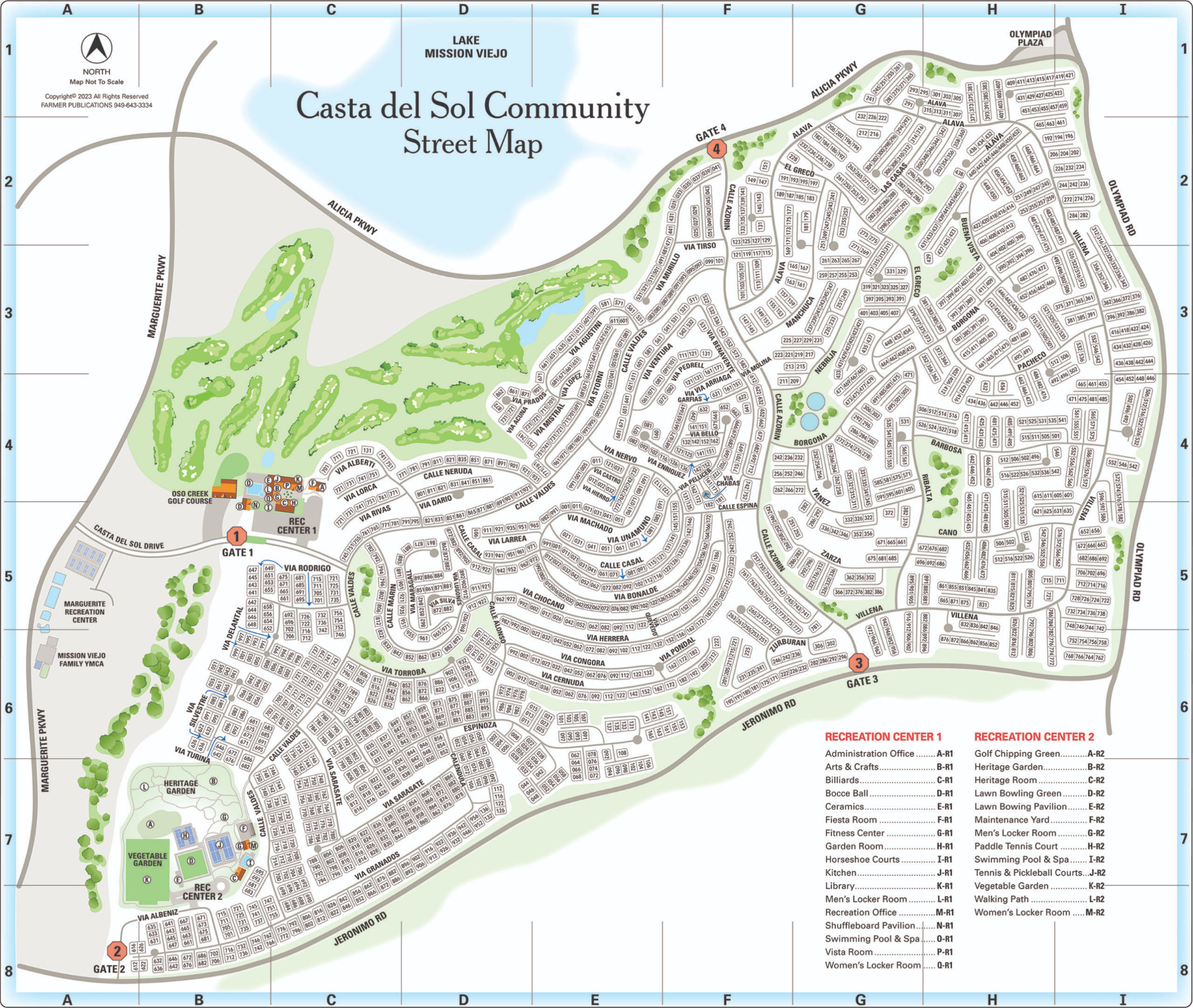 Street map of the Casta del Sol community in Mission Viejo showing gates, streets, house-number ranges, both recreation centers, and surrounding roads