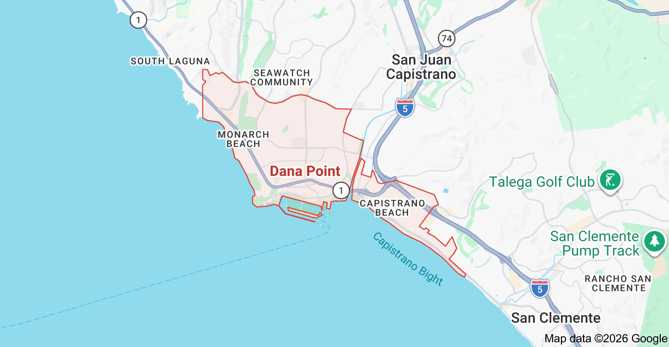 Orientation map showing Dana Point within South Orange County, California