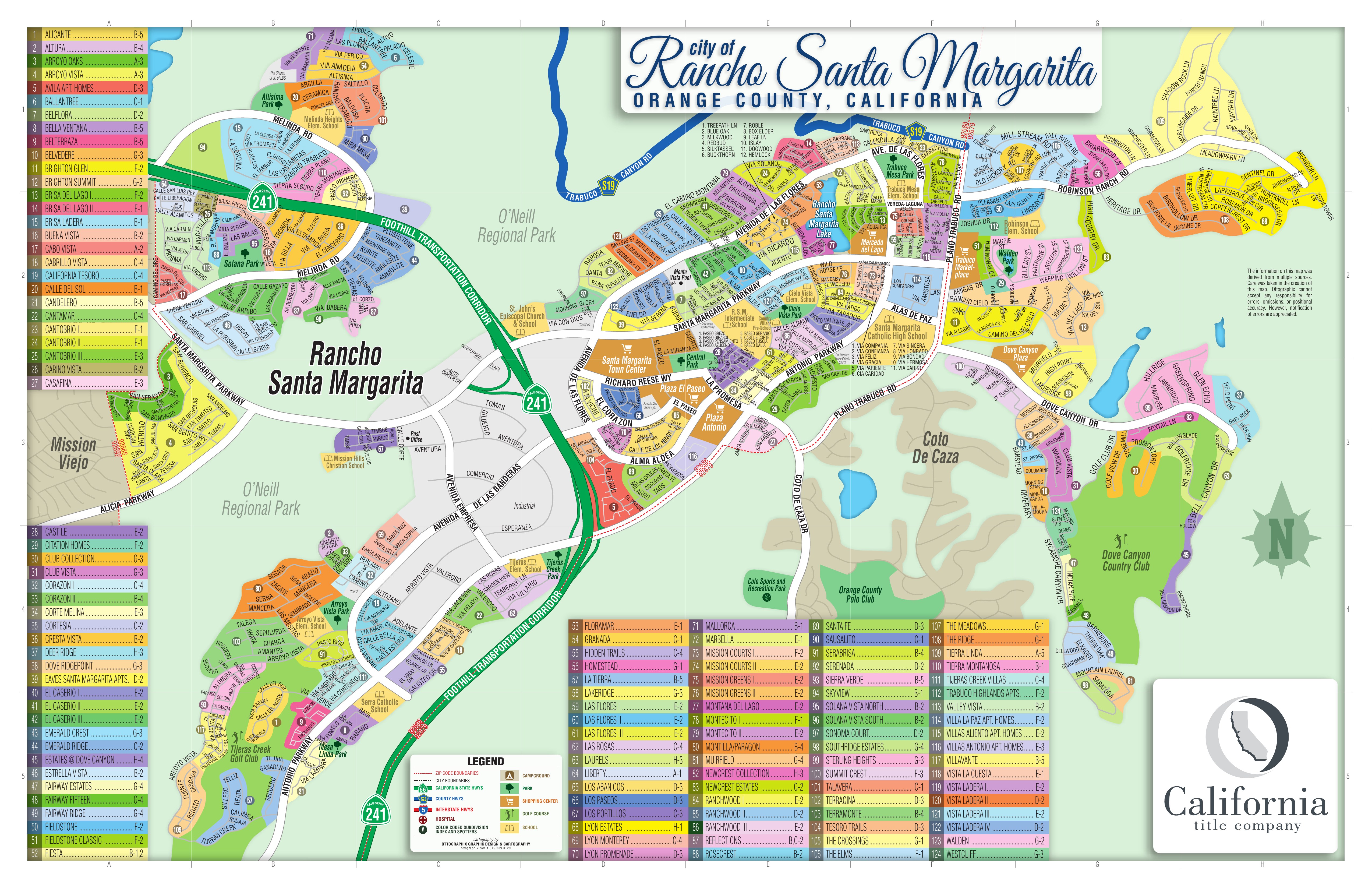 Color-coded Rancho Santa Margarita subdivision reference map showing 124 numbered subdivision and project names, Lago Santa Margarita, Town Center, Antonio Parkway, Santa Margarita Parkway, SR-241, Dove Canyon, Robinson Ranch, Rancho Cielo, Walden, schools, parks and golf courses