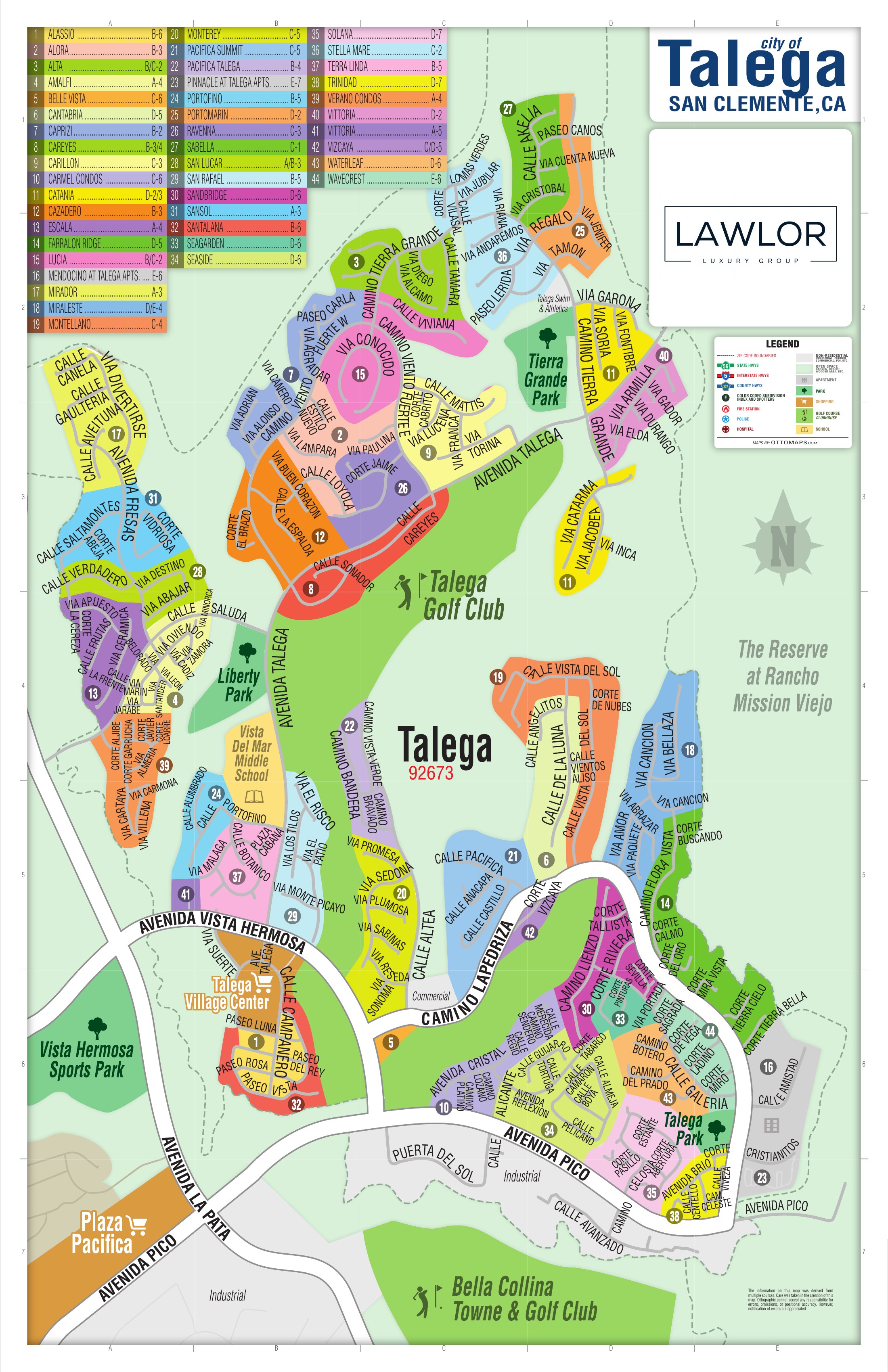 Color-coded subdivision map of Talega in San Clemente, California showing numbered named neighborhoods, golf course, parks, schools and major roads
