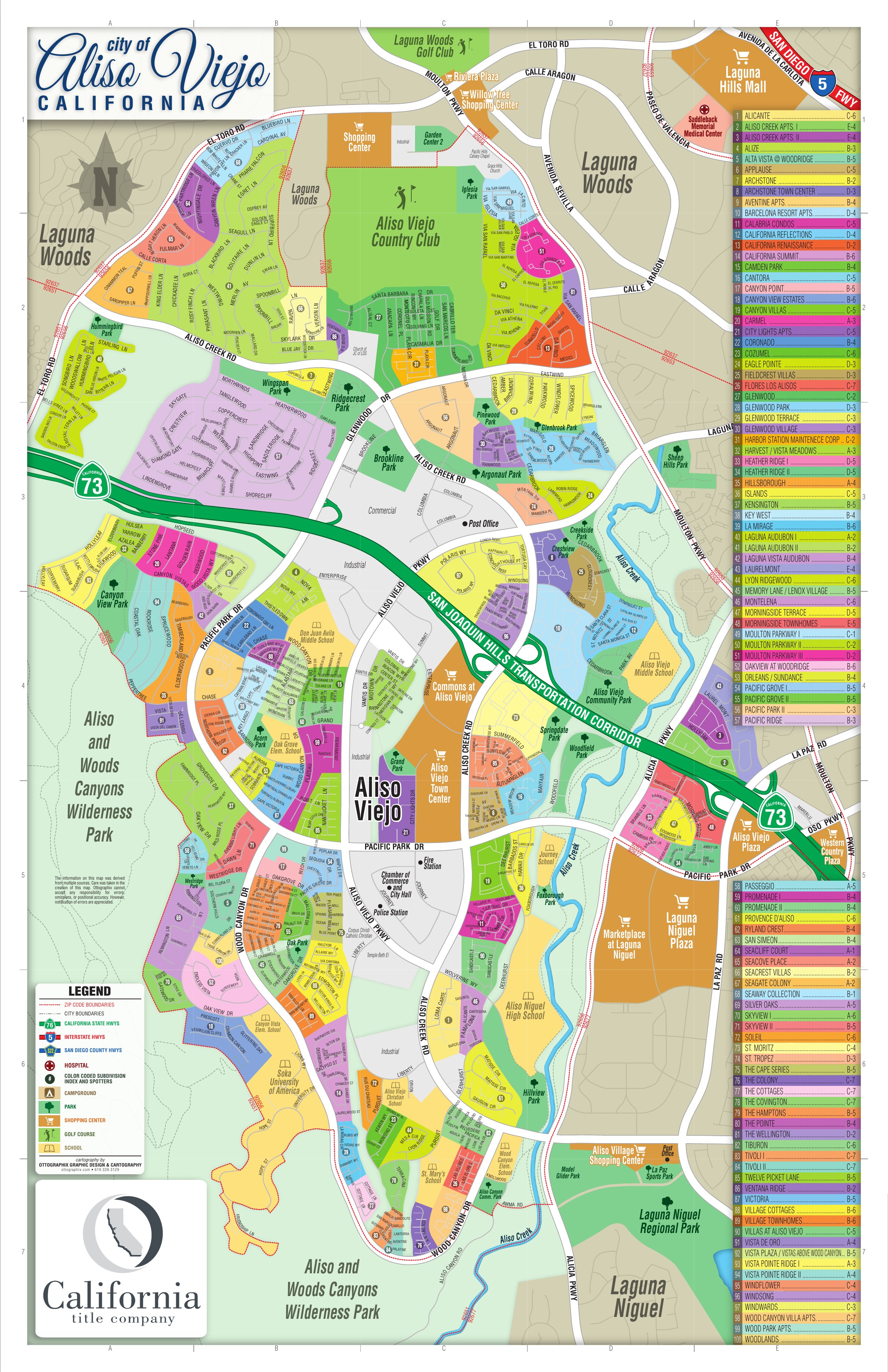 Color-coded Aliso Viejo subdivision map showing roughly 100 named residential areas, SR-73, Alicia Parkway, Aliso Creek Road, Pacific Park Drive, Wood Canyon Drive, Town Center, Aliso Viejo Country Club, Soka University, schools and parks