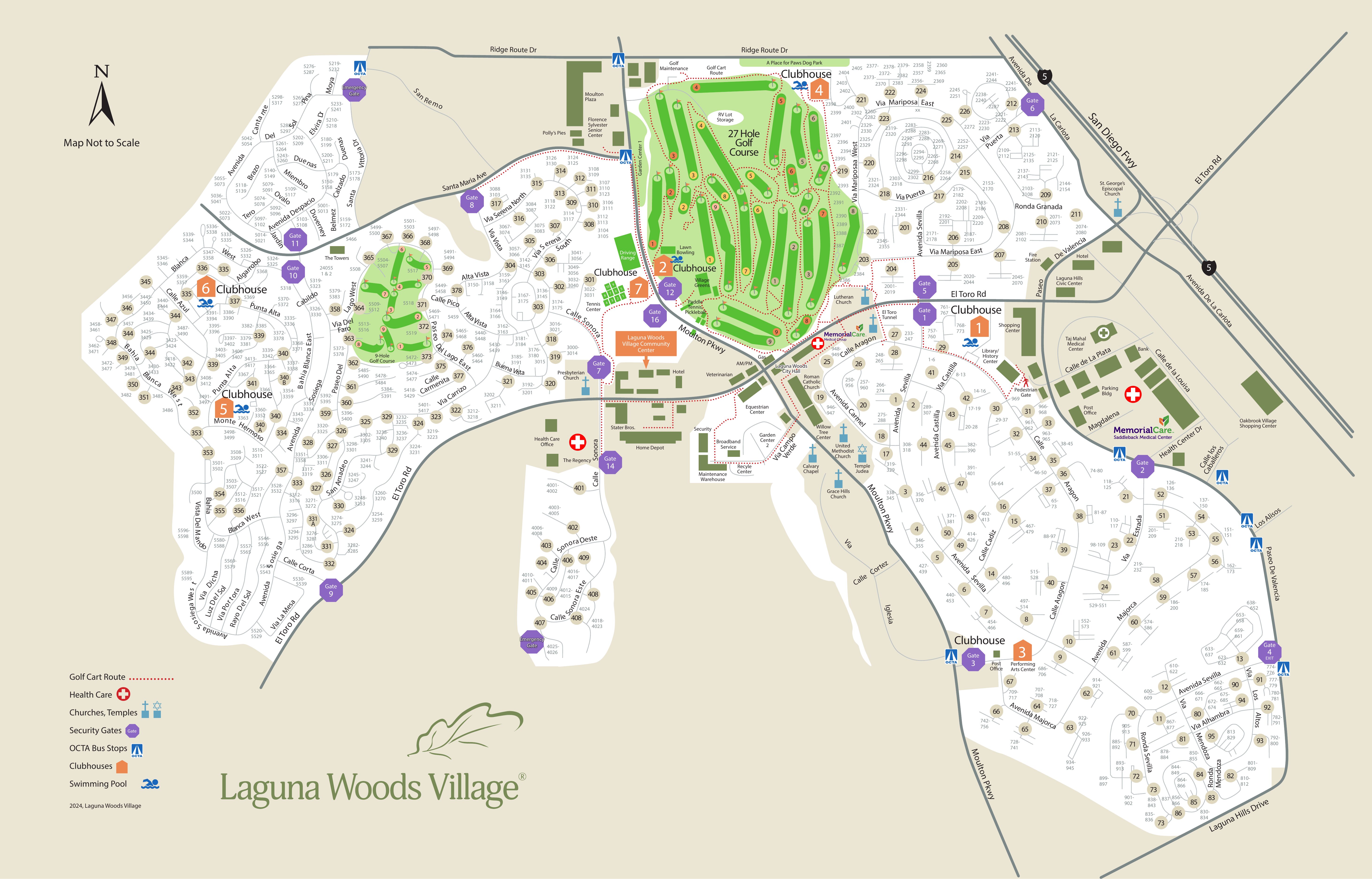 2024 Laguna Woods Village map showing numbered security gates, internal streets, manor and building numbers, clubhouses, golf courses, pools and major community facilities.