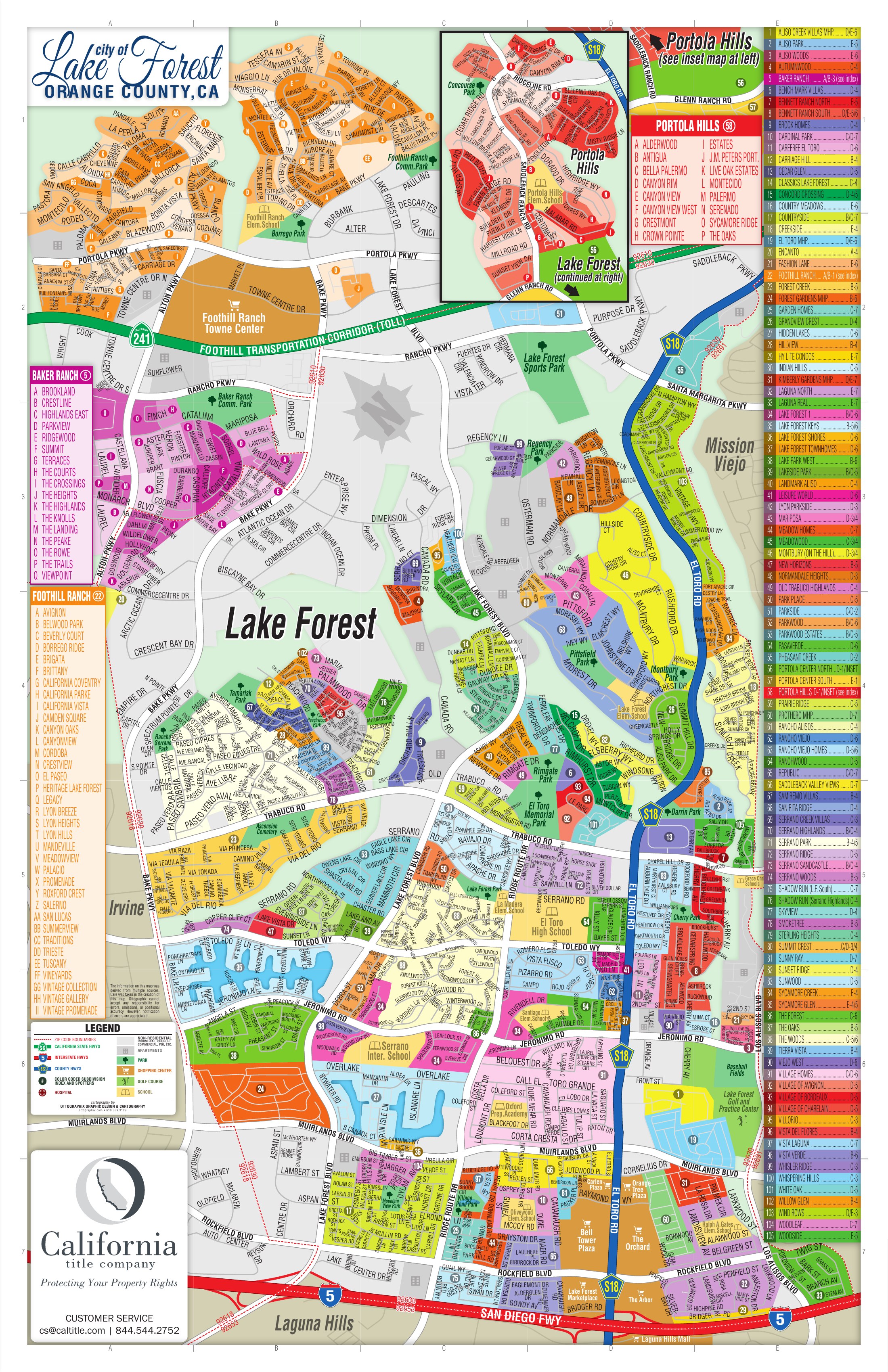Color-coded Lake Forest subdivision map showing established Lake Forest, Foothill Ranch, Portola Hills, Baker Ranch, major roads, schools, parks, and subdivision indexes