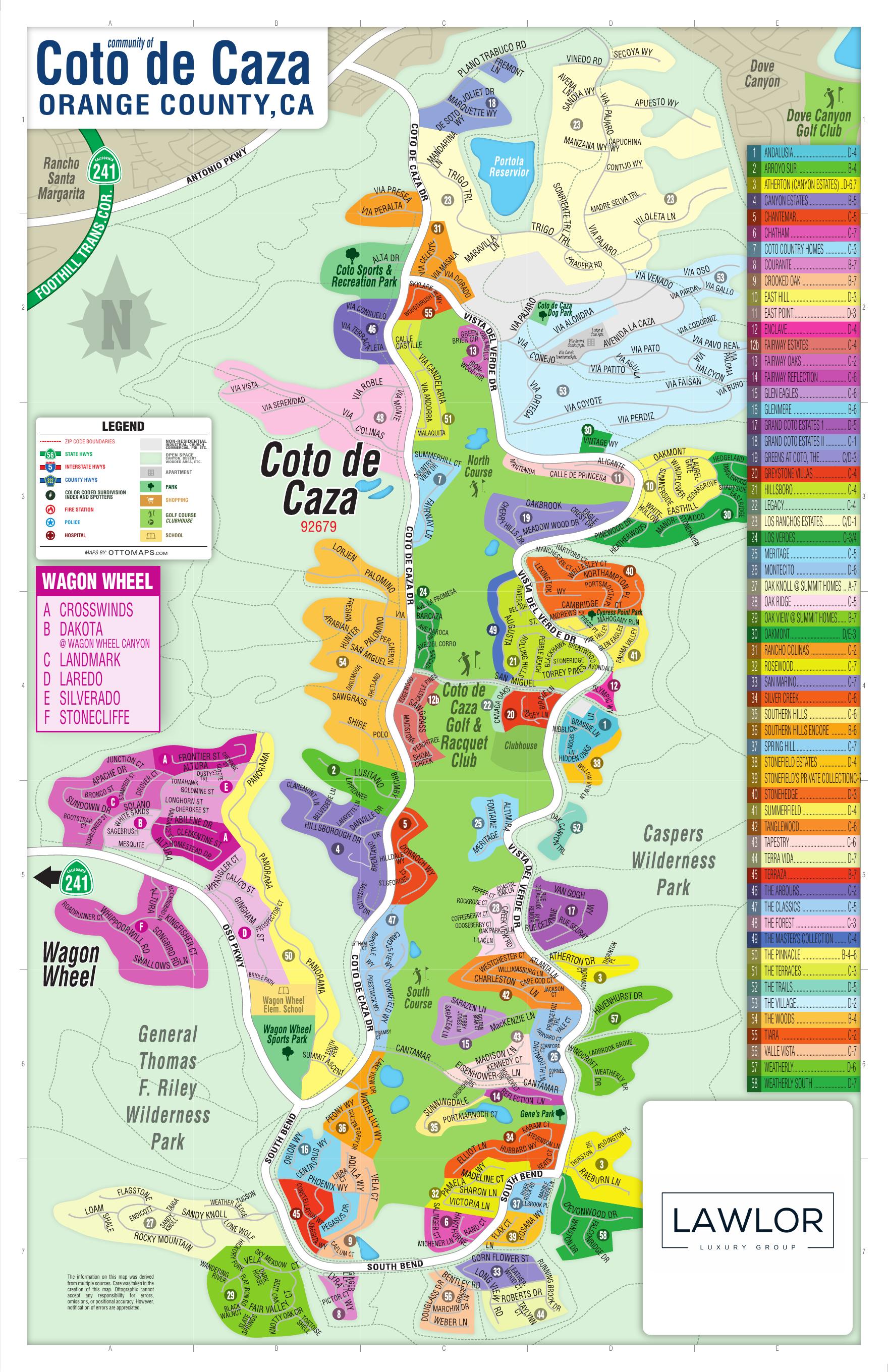 Subdivision map of Coto de Caza showing numbered neighborhood areas across the valley
