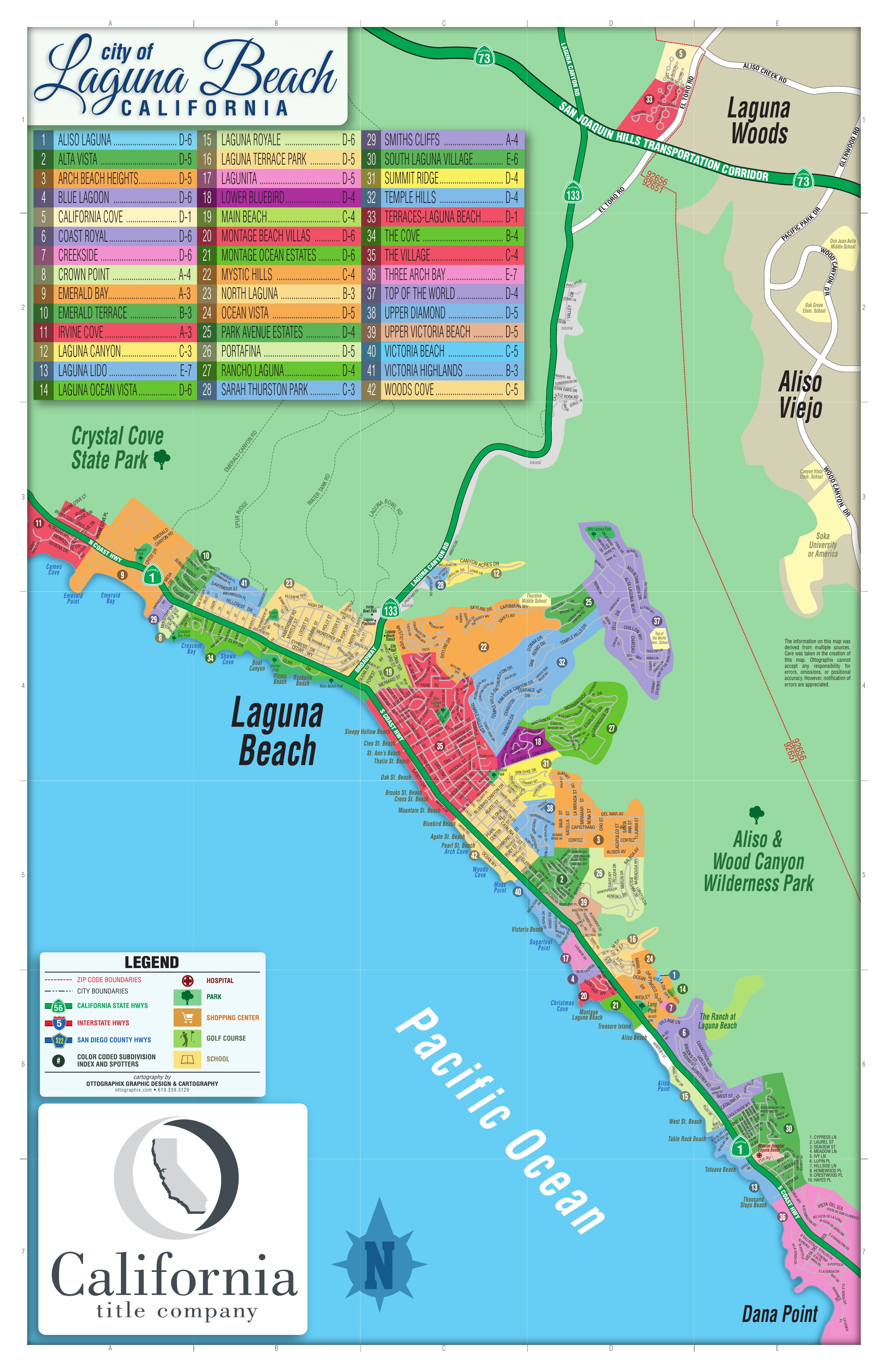 Color-coded subdivision map of Laguna Beach showing named neighborhoods and communities
